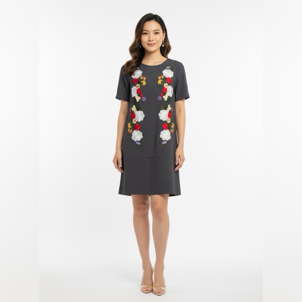 Nicole Miller Floral Denim Embroidered Black Dress. Ptp 20” lenght 36”